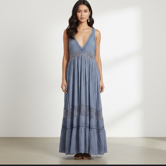 Free People Dresses & Skirts - Free People Dusty Blue Sleeveless Maxi Dress Laced Embroidered Size Small